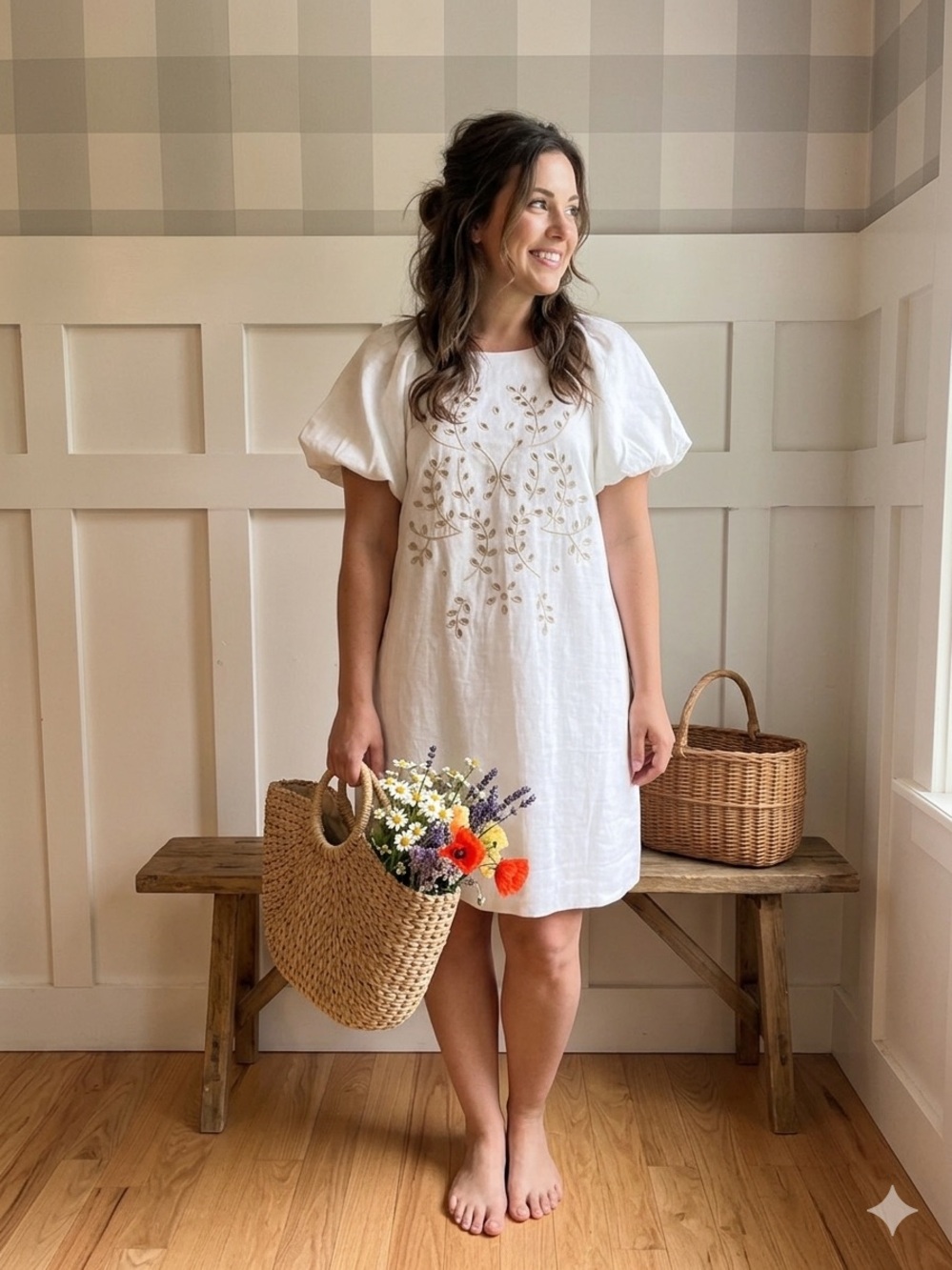 RW&CO. Linen White Embroidered Puff-Sleeve Midi Dress XS